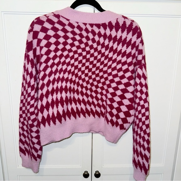 Cotton On Knit Cardigan Barbie Optical Splice Berry Sz Medium Checkered Academia - Picture 3 of 10